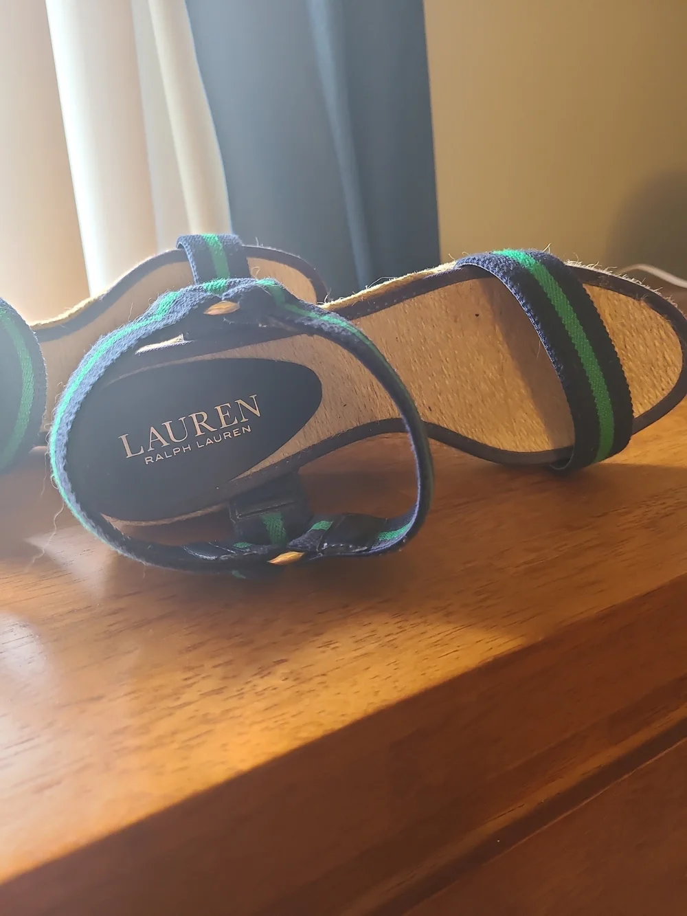 Lauren Ralph Lauren Navy and Green Striped Espadrille Wedges